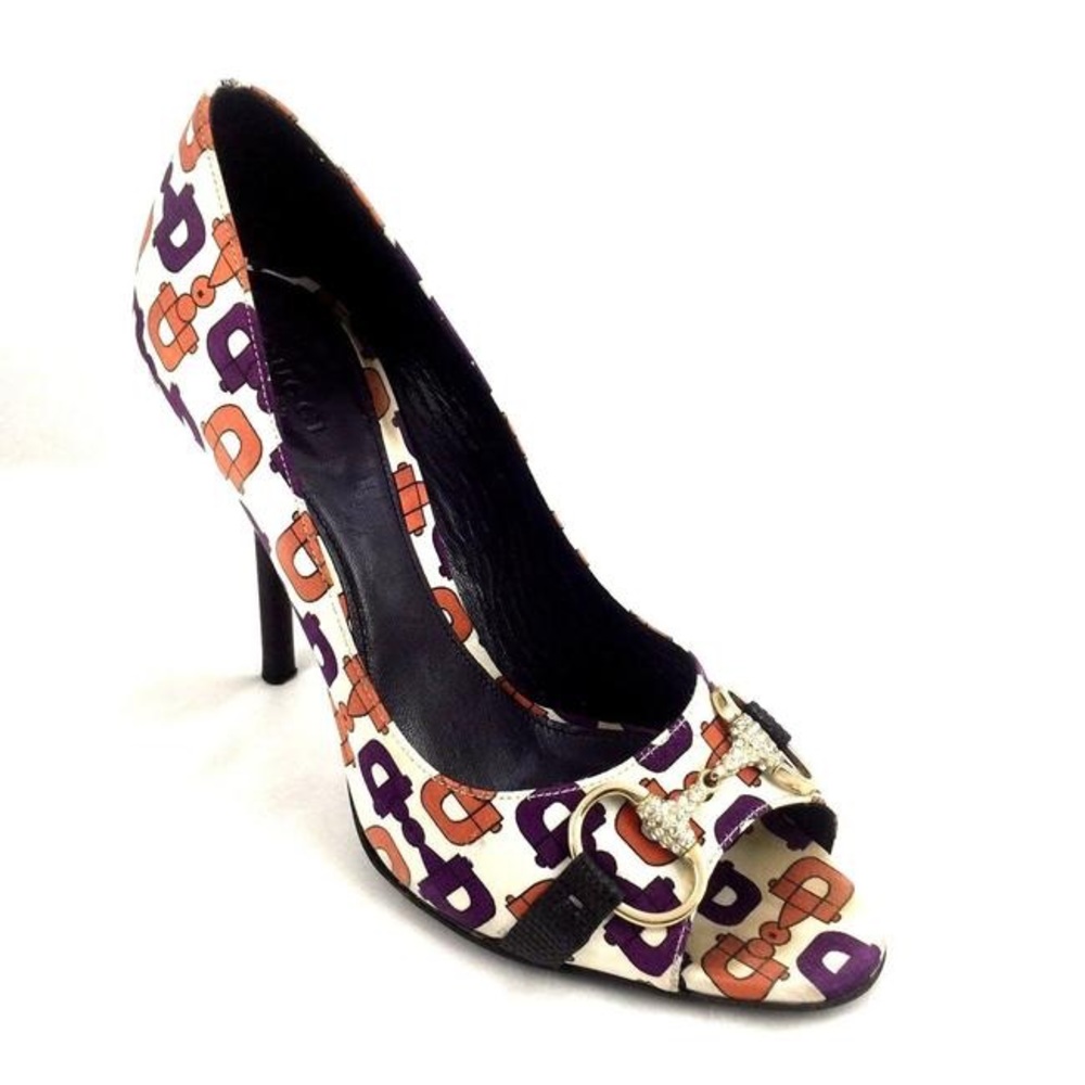 Gucci Sz 7.5 Satin and Crystal Peep Toe Heels - GORGEOUS! White/Purple/Orange